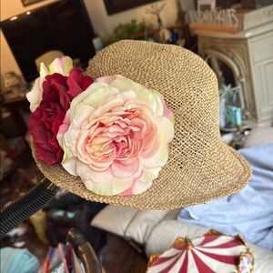 Straw Hat with Pink and Red Floral Accents
